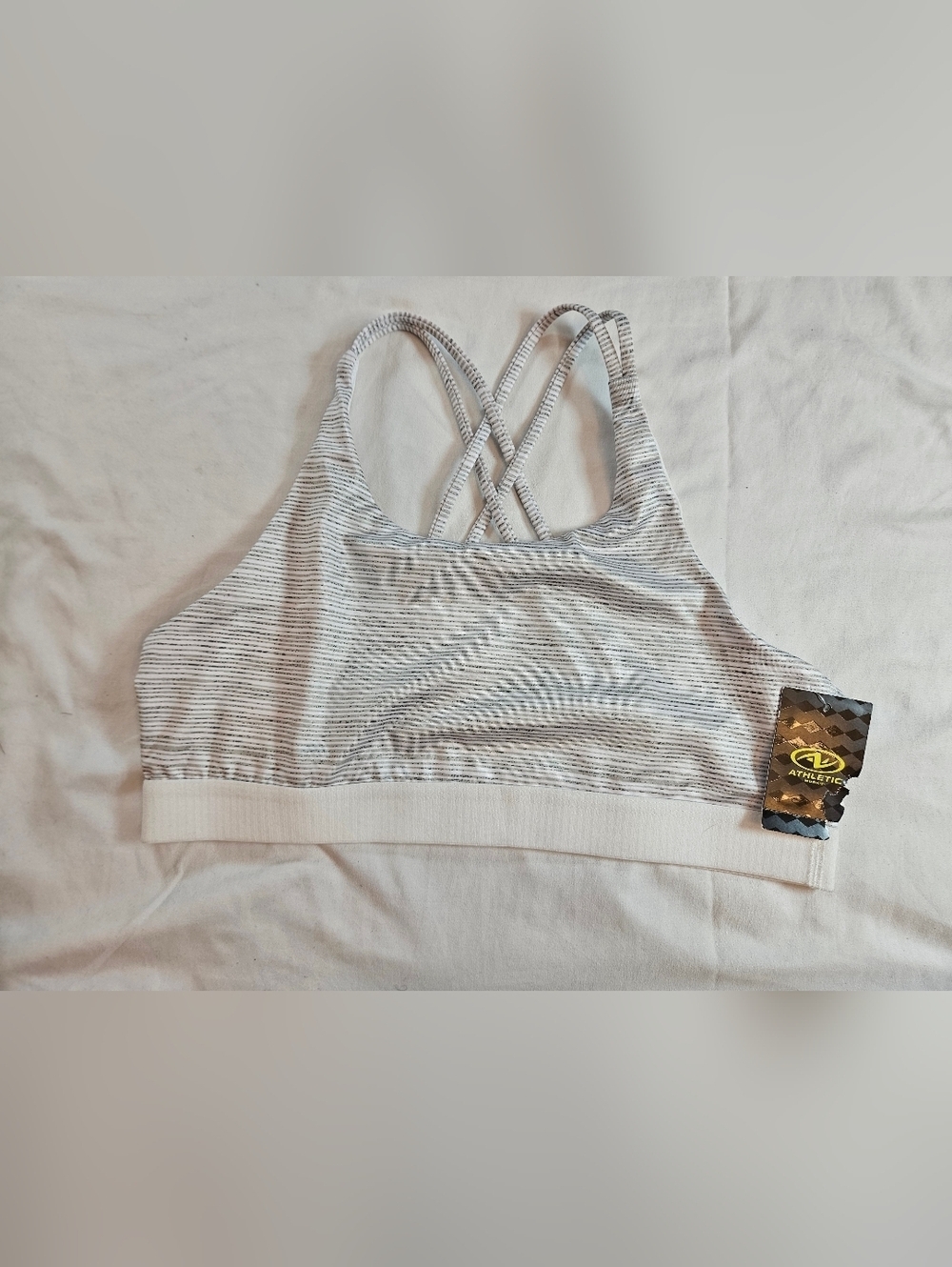 NWT Athletic Works Womens White & Gray Striped Crisscross Back Sport Bra Size XL